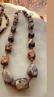 Large Faceted Natural Crazy Lace Jasper Stone Statement Necklace with Crystal Sp